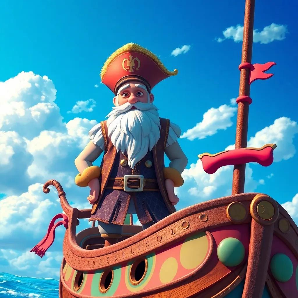 A whimsical scene depicting an ancient captain named Nubes, with a long white beard and a star map vest, standing on his colorful flying ship, under a vibrant blue sky filled with fluffy clouds, digital art, bright colors, cheerful atmosphere, high quality