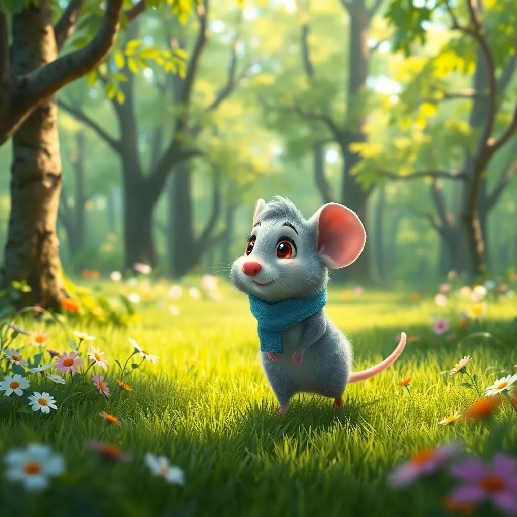 A brave mouse, Rufi, with soft gray fur, wearing a tiny blue scarf, walking through a lush green forest filled with trees and flowers, digital art, cheerful and vibrant colors, bright atmosphere, high quality