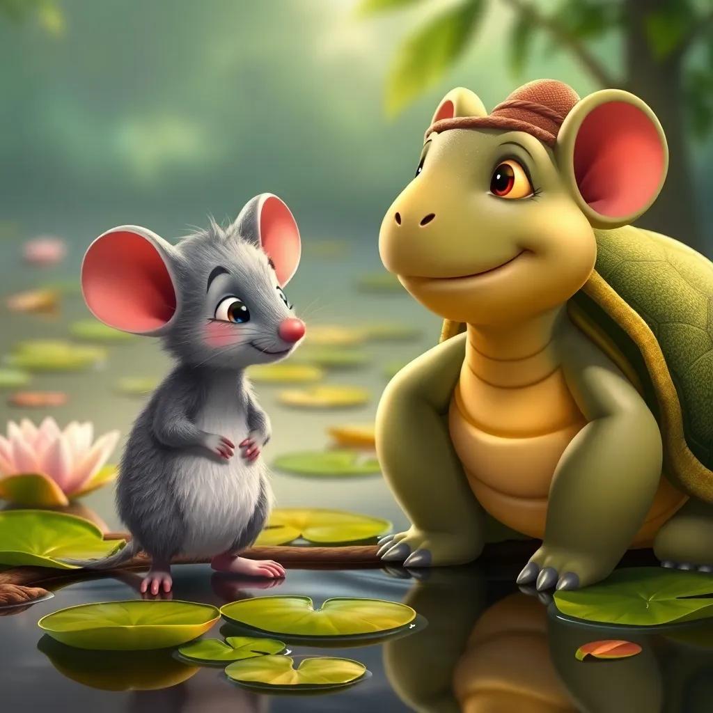 Rufi, a brave mouse with soft gray fur, talking to a wise turtle named Tula, who has a gentle smile and green shell, standing by a pond with lily pads, detailed digital art, warm colors, friendly scene, high quality