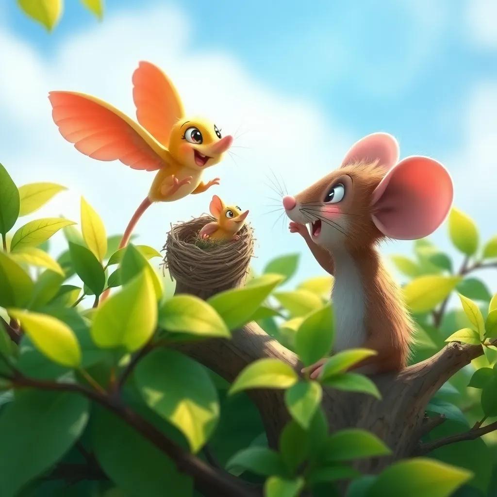 A brave mouse, Rufi, helping a little bird to fly back into its nest by climbing a tree, surrounded by green leaves and blue sky, digital art, uplifting colors, heartwarming scene, high quality