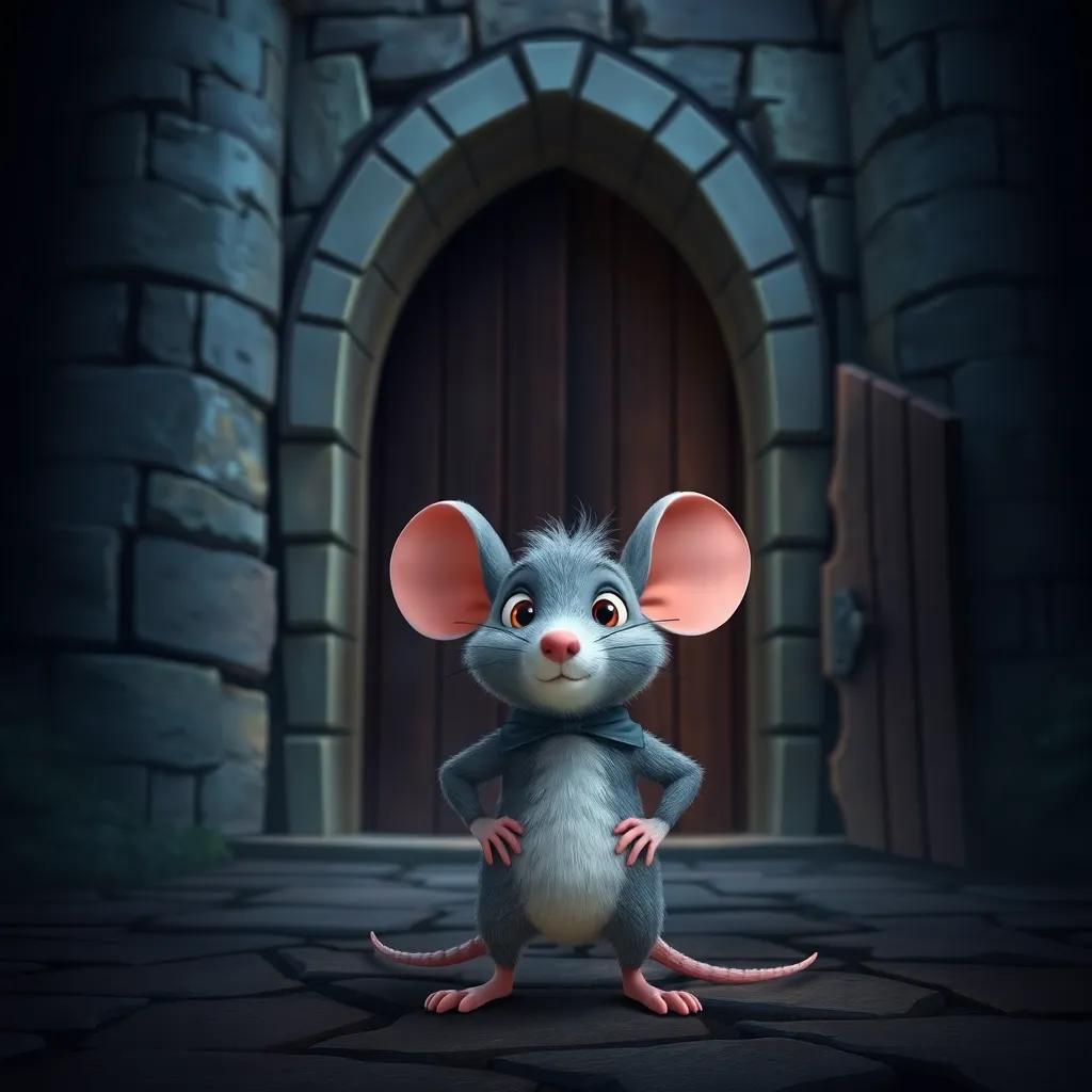 Rufi, a brave mouse with soft gray fur, standing proudly in front of a dark castle entrance with gigantic doors and mysterious shadows, digital art, adventurous colors, slightly spooky but playful atmosphere, high quality