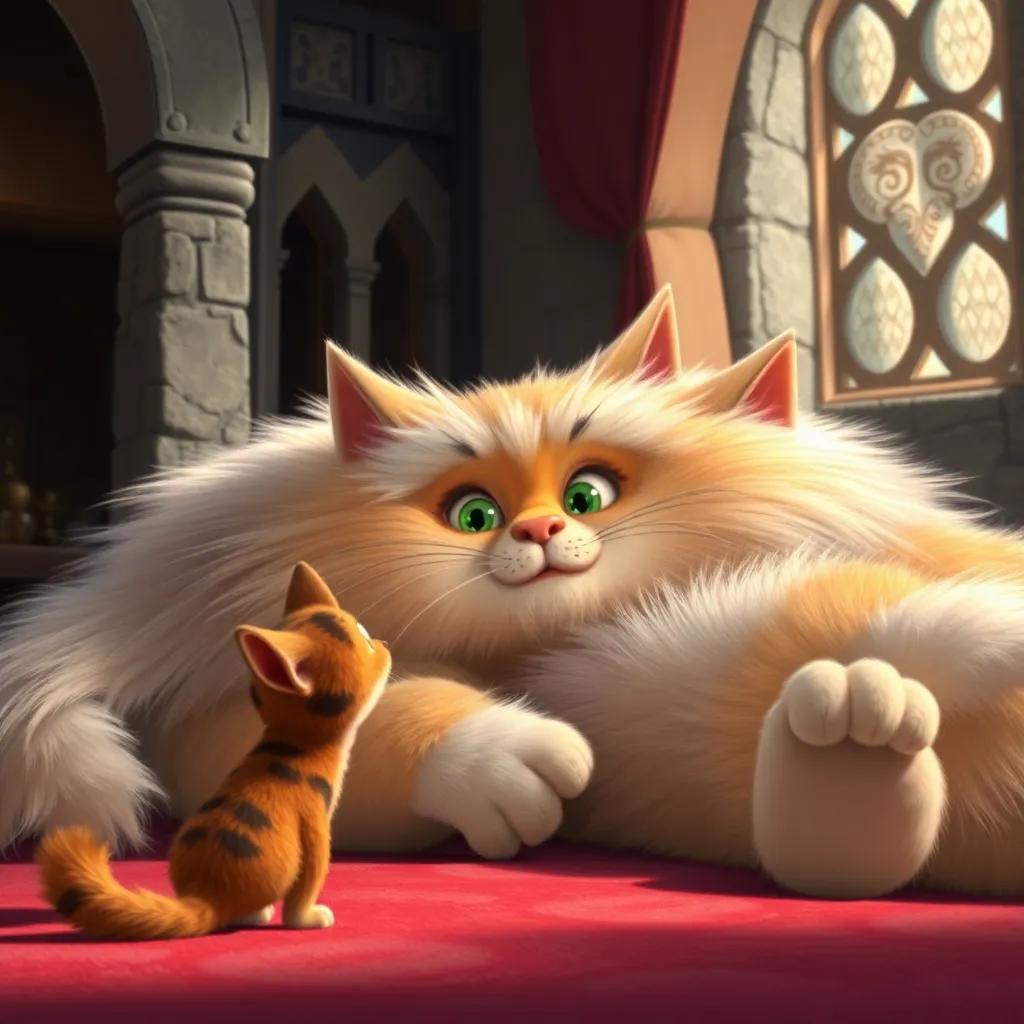 An enormous lazy cat with fluffy fur, lounging in the castle, looking surprised as Rufi bravely approaches him with courage in his eyes, digital art, vibrant colors, animated feeling, high quality