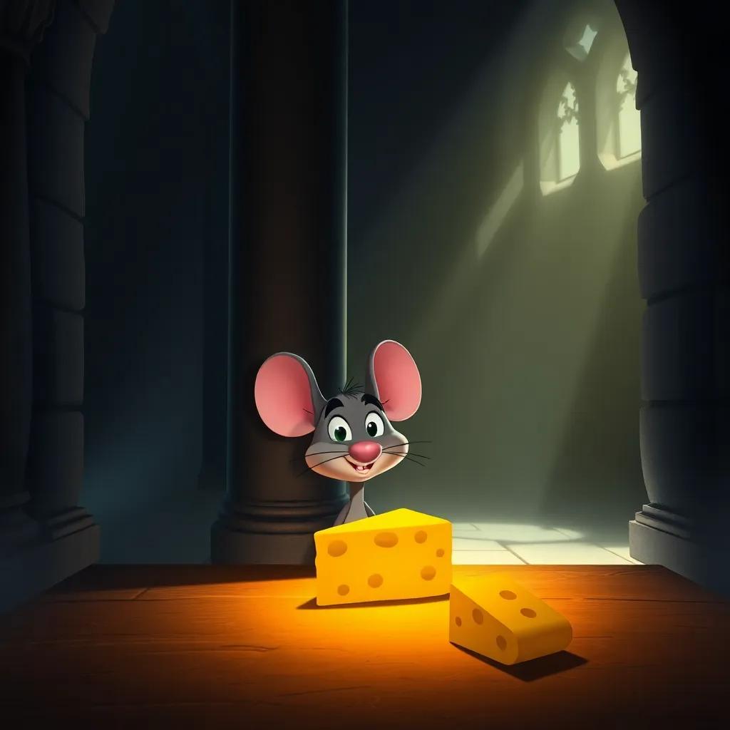Rufi, the brave mouse, hiding behind a column in a dim castle hall, with large shadows and light illuminating the way to a golden cheese on the table, digital art, suspenseful colors, thrilling atmosphere, high quality