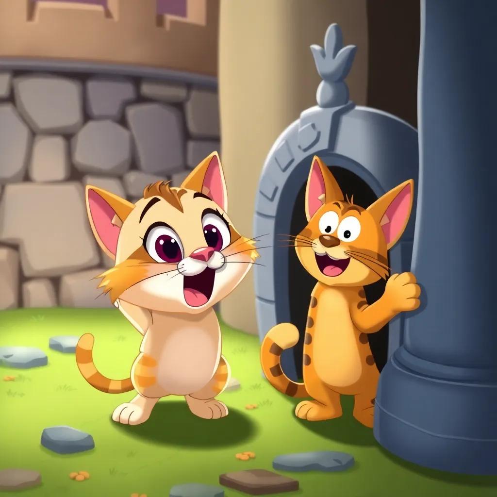 A playful cat, surprised and curious, engaged in a hide-and-seek game with Rufi, who is peeking out from behind a statue in the castle, colorful, fun scene, cartoon style, high quality