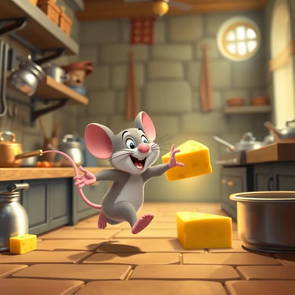Rufi, the brave mouse, joyfully running toward a shiny golden cheese in a castle kitchen filled with pots and pans, digital art, warm and bright colors, victorious feeling, high quality
