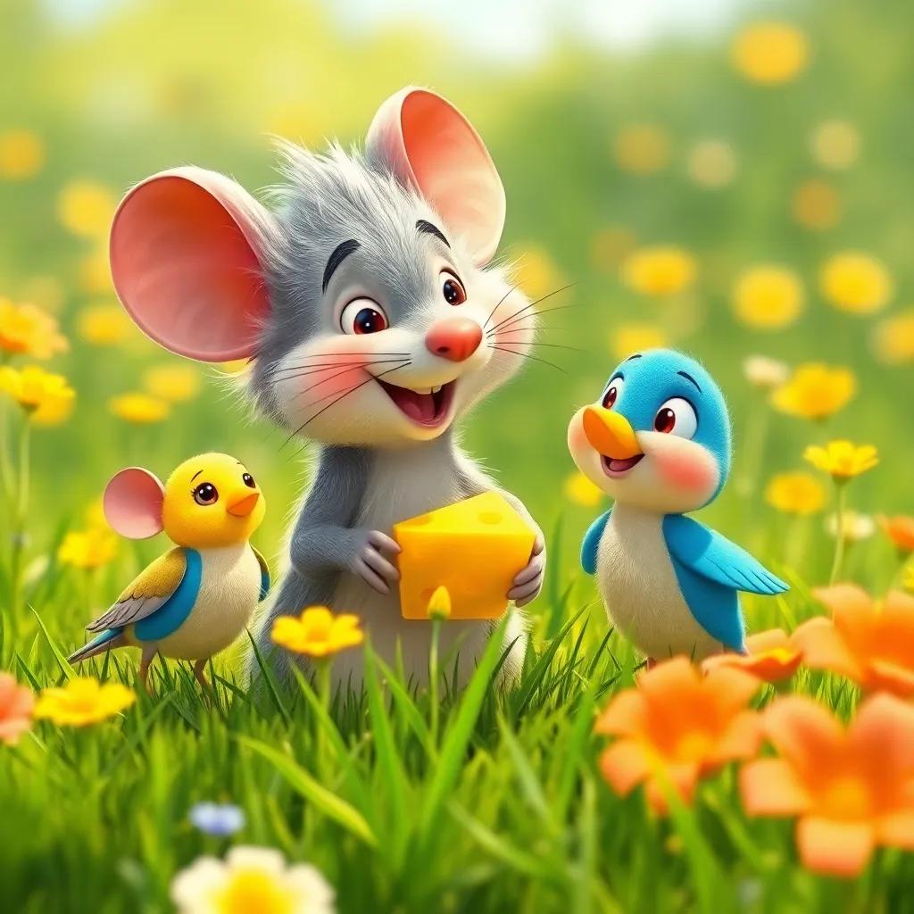 Rufi, a brave mouse with soft gray fur, celebrating with Tula and the little bird in a sunny meadow, sharing the golden cheese and smiling, digital art, cheerful colors, heartwarming scene, high quality
