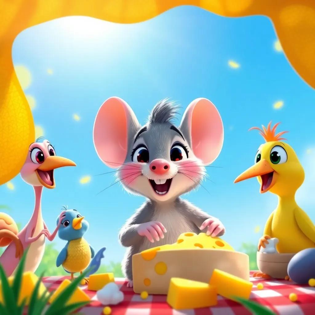Rufi, a brave mouse, surrounded by his friends Tula and the little bird, enjoying the golden cheese under a bright blue sky, colorful picnic scene, joyful, friendly atmosphere, high quality