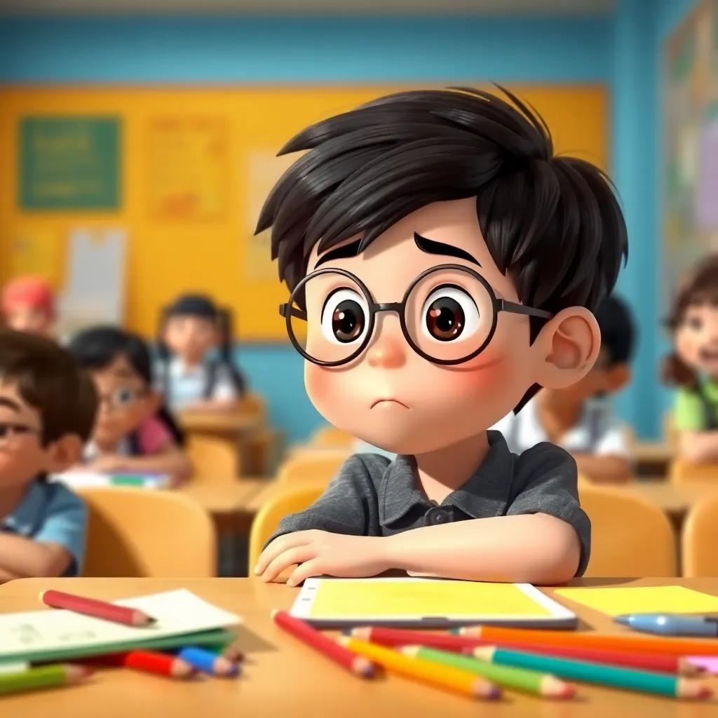 A shy young boy, León, with dark brown hair and round glasses, sitting at a school desk surrounded by colorful paper and pencils, looking thoughtful and slightly nervous, classroom environment, bright and inviting colors, perspective showing a glimpse of excited classmates, high quality