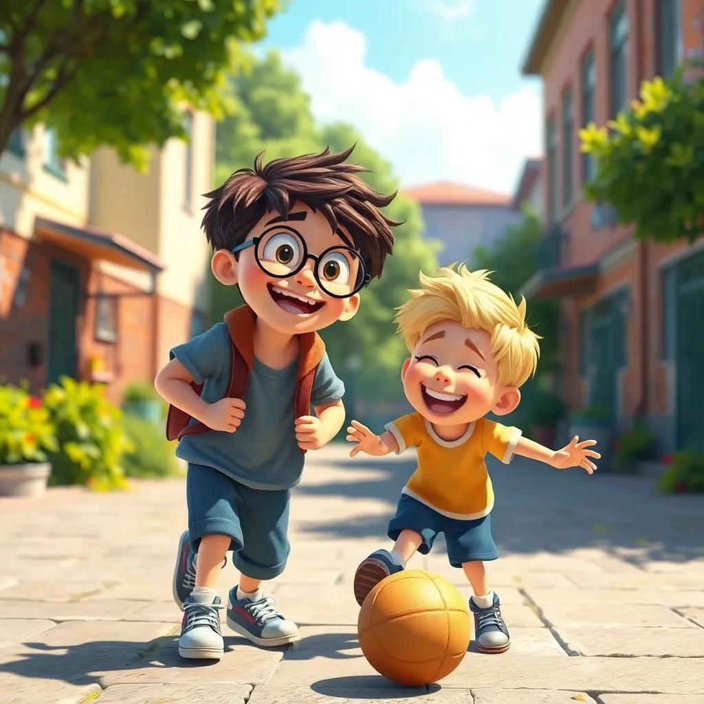 León, a shy young boy with dark brown hair and round glasses, playing in the schoolyard with his new friend Tomás, a cheerful boy with short blond hair, both laughing and playing a game with a ball, sunny day, joyful atmosphere, vibrant colors, engaging moment, high quality