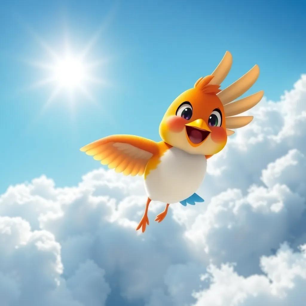 A cheerful little bird, Pico, with colorful feathers flying high in the sky, bright sun shining, fluffy clouds surrounding, digital art, vibrant colors, joyful atmosphere, high quality
