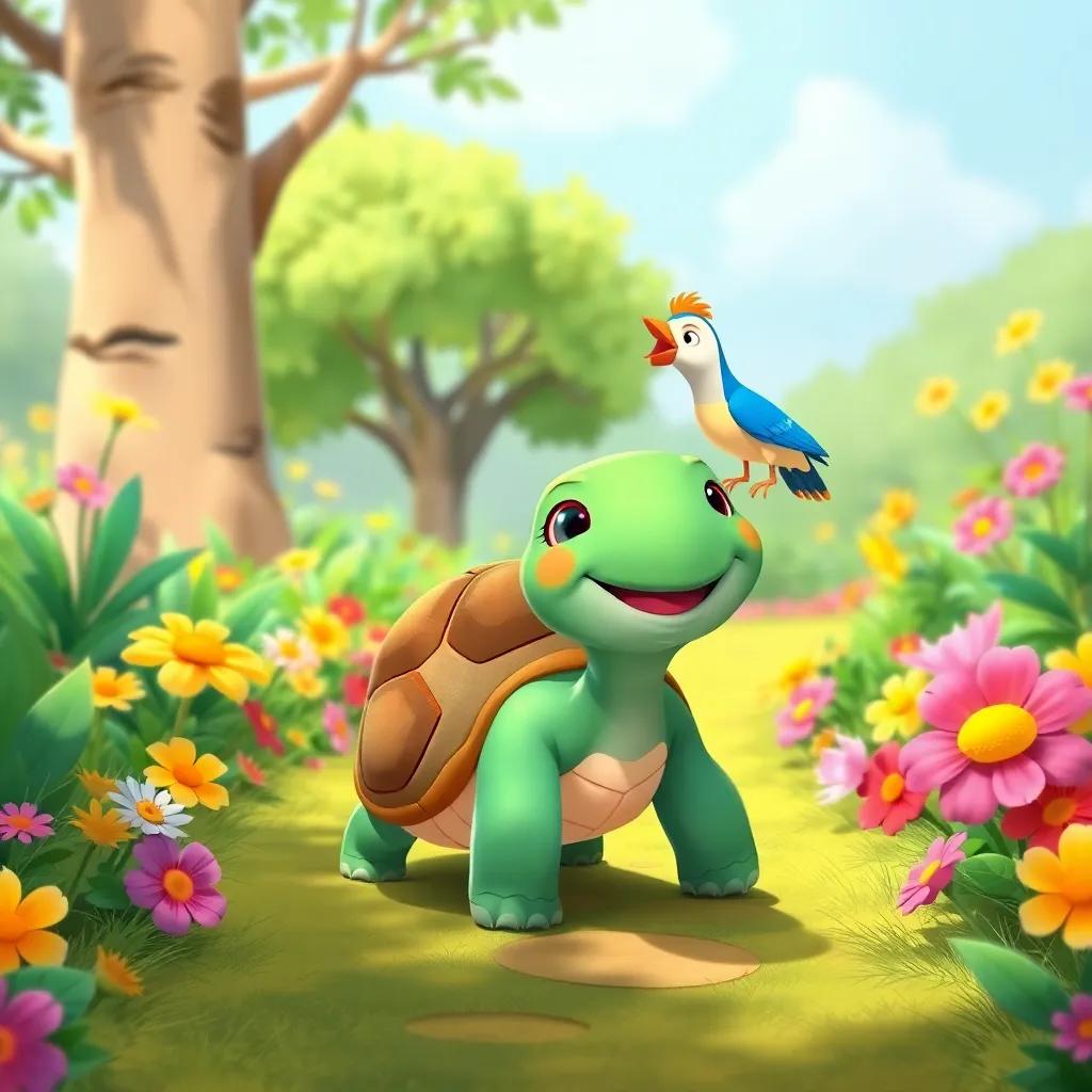 A happy turtle, Lía, walking slowly on a green path, smiling at Pico the bird, surrounded by colorful flowers and trees, friendly scene, bright and sunny, detailed illustration, child-friendly