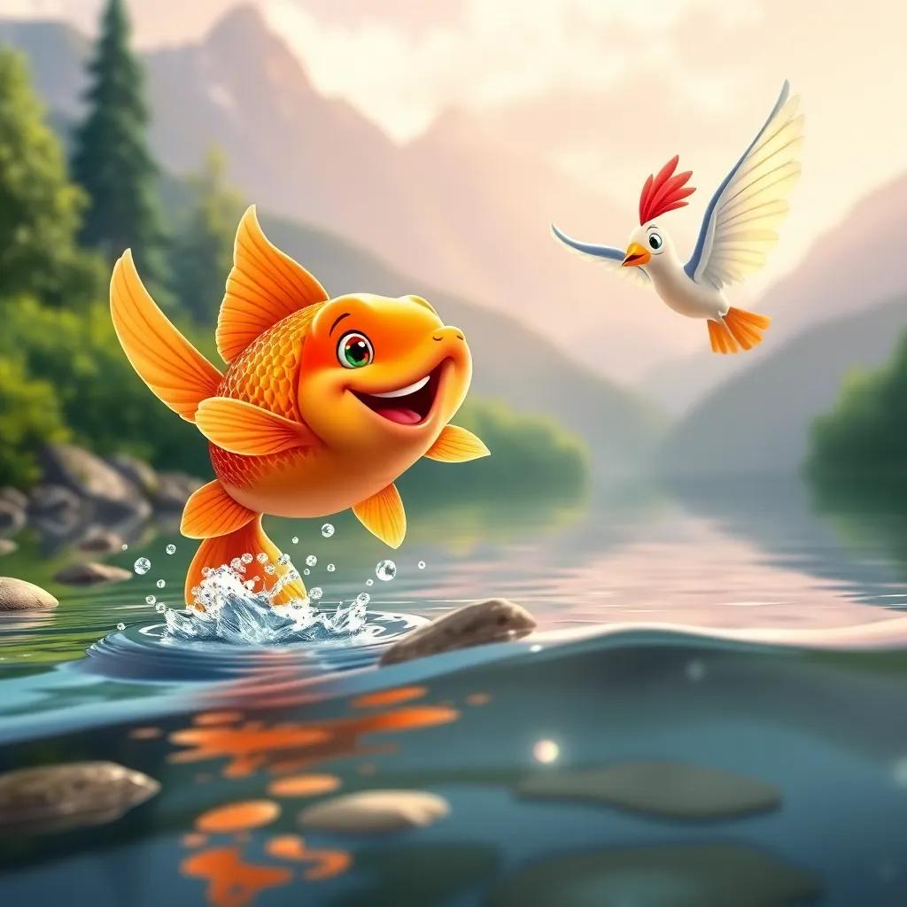 A sparkling goldfish, Brillante, jumping joyfully out of a clear river, greeting Pico the bird, with lush greenery and mountains in the background, cheerful mood, vibrant colors, high quality digital art