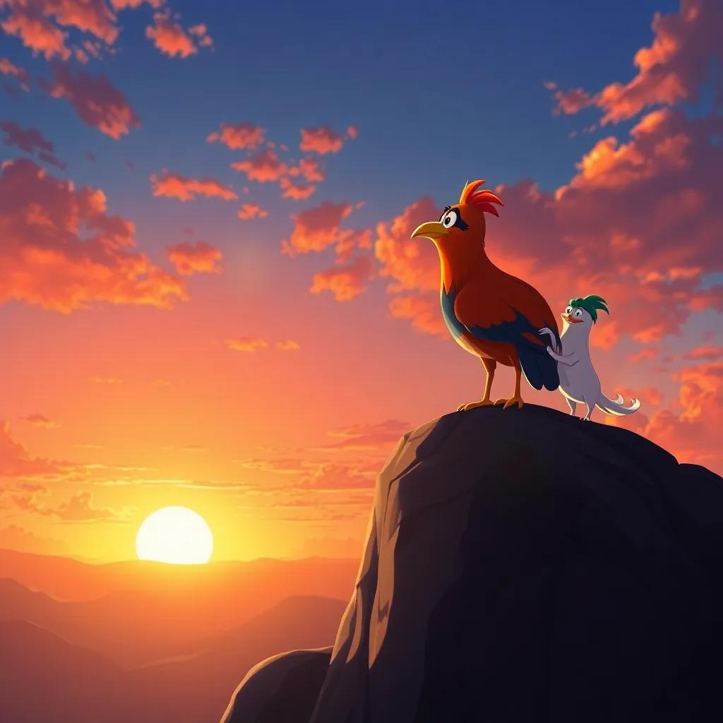 Pico the bird standing proudly on top of a large mountain, looking at a beautiful sunset with Lía and Brillante beside him, colorful sky, a sense of achievement, warm light, vivid illustration