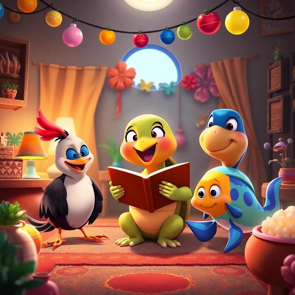 Pico the bird, Lía the turtle, and Brillante the fish sharing stories joyfully in a cozy home, with happy expressions, colorful decorations, warm light, heartwarming scene, high quality digital art