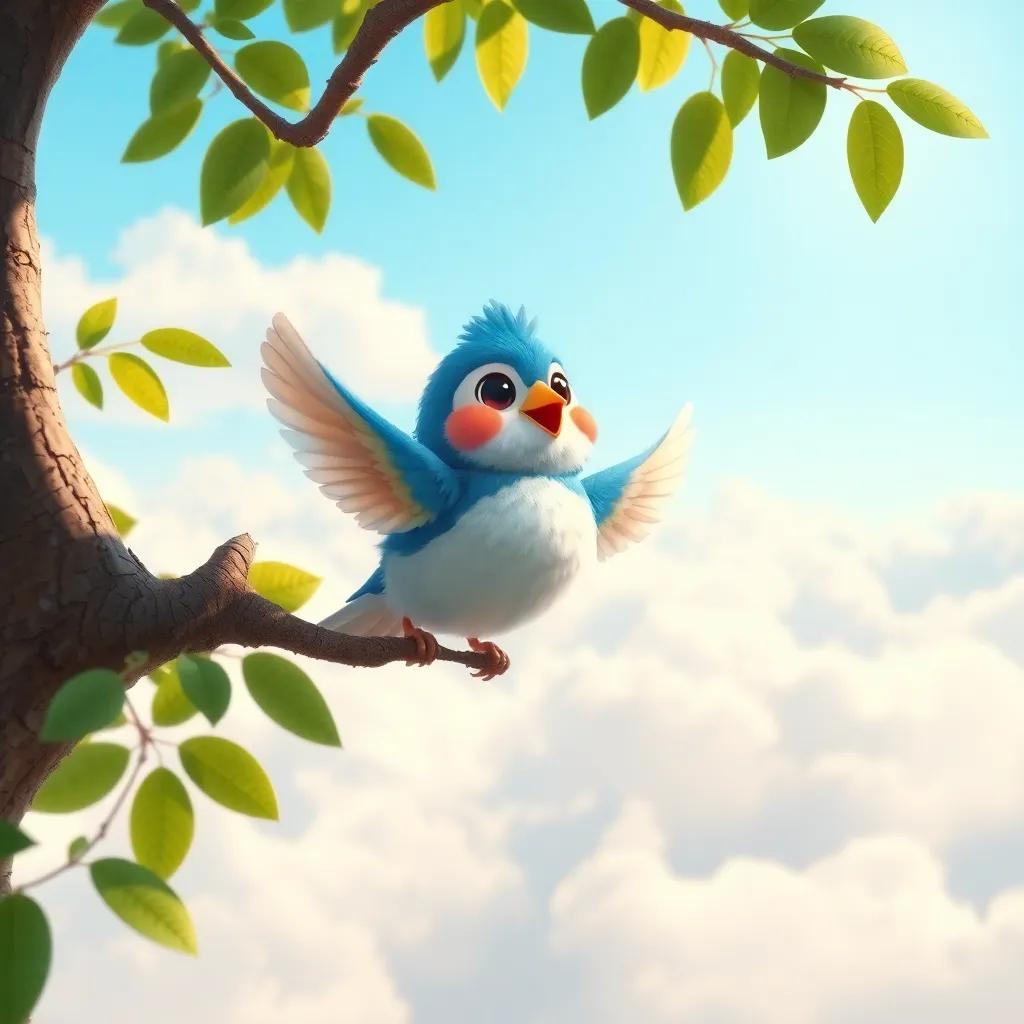 A small bird named Pío, cheerful and colorful, flying from a tree toward a bright horizon filled with fluffy clouds, digital art, vibrant colors, uplifting atmosphere, high quality