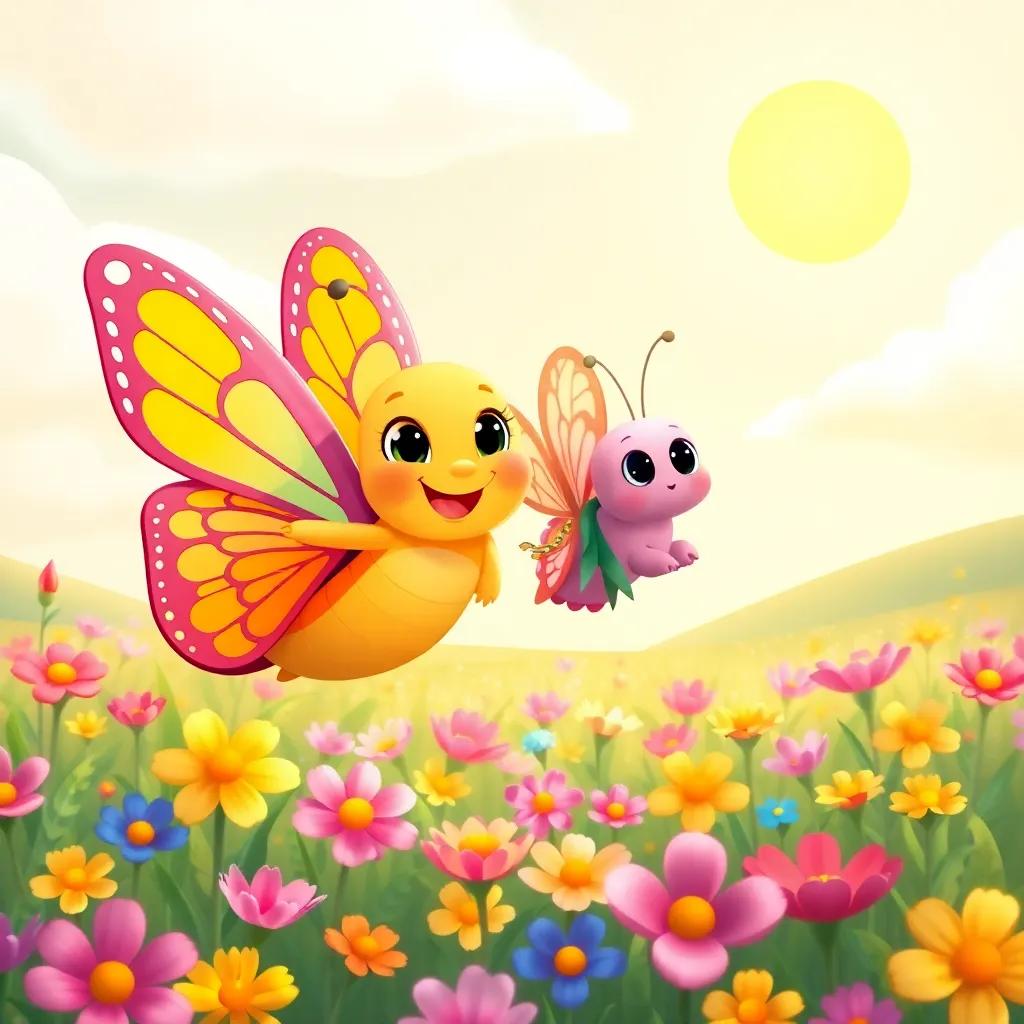 Pío flying next to a colorful butterfly named Lila, surrounded by a field of blooming flowers under a sunny sky, illustration, cheerful and bright, child-friendly