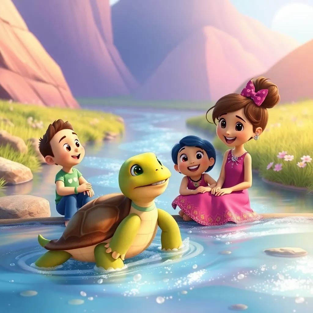 Pío and Lila meeting a friendly turtle named Tito by a sparkling river, all three characters smiling and engaging in conversation, colorful landscape, warm light, whimsical