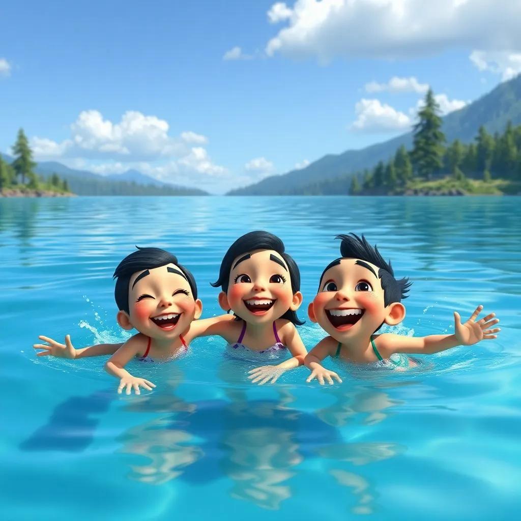 Pío, Lila, and Tito swimming together in a beautiful blue lake, laughing and splashing water, with trees and mountains in the background, joyful and adventurous, high quality