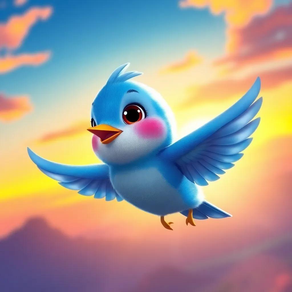 A small blue bird named Pío with bright eyes and a cheerful expression, soaring high against a colorful sunrise, magical atmosphere, digital art, vibrant colors, enchanting scenes, high quality