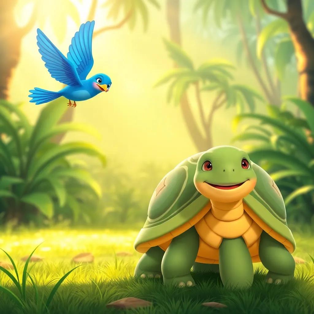 Pío the blue bird flying alongside a wise tortoise named Tula with a friendly smile, lush green forest background, warm sunlight, cheerful depiction, child-friendly, illustrated style