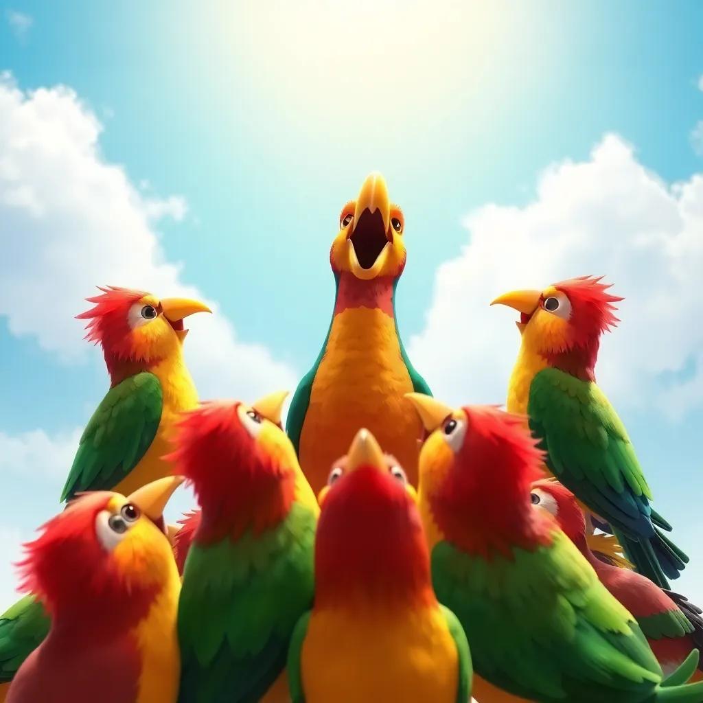 A colorful group of singing birds with red, yellow, green, and orange feathers gathered around Pío, harmonizing in a joyful circle, bright skies above, playful scene, vibrant colors, quality illustration