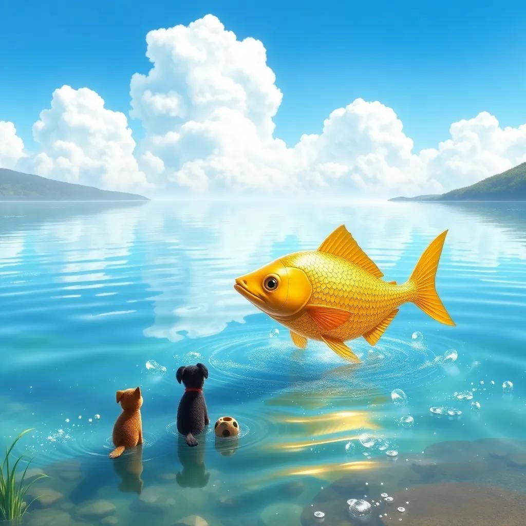 A golden fish named Dorado swimming gracefully in a sparkling lake, under a clear blue sky, with Pío and Tula observing from the shore, serene setting, detailed and colorful, imaginative art