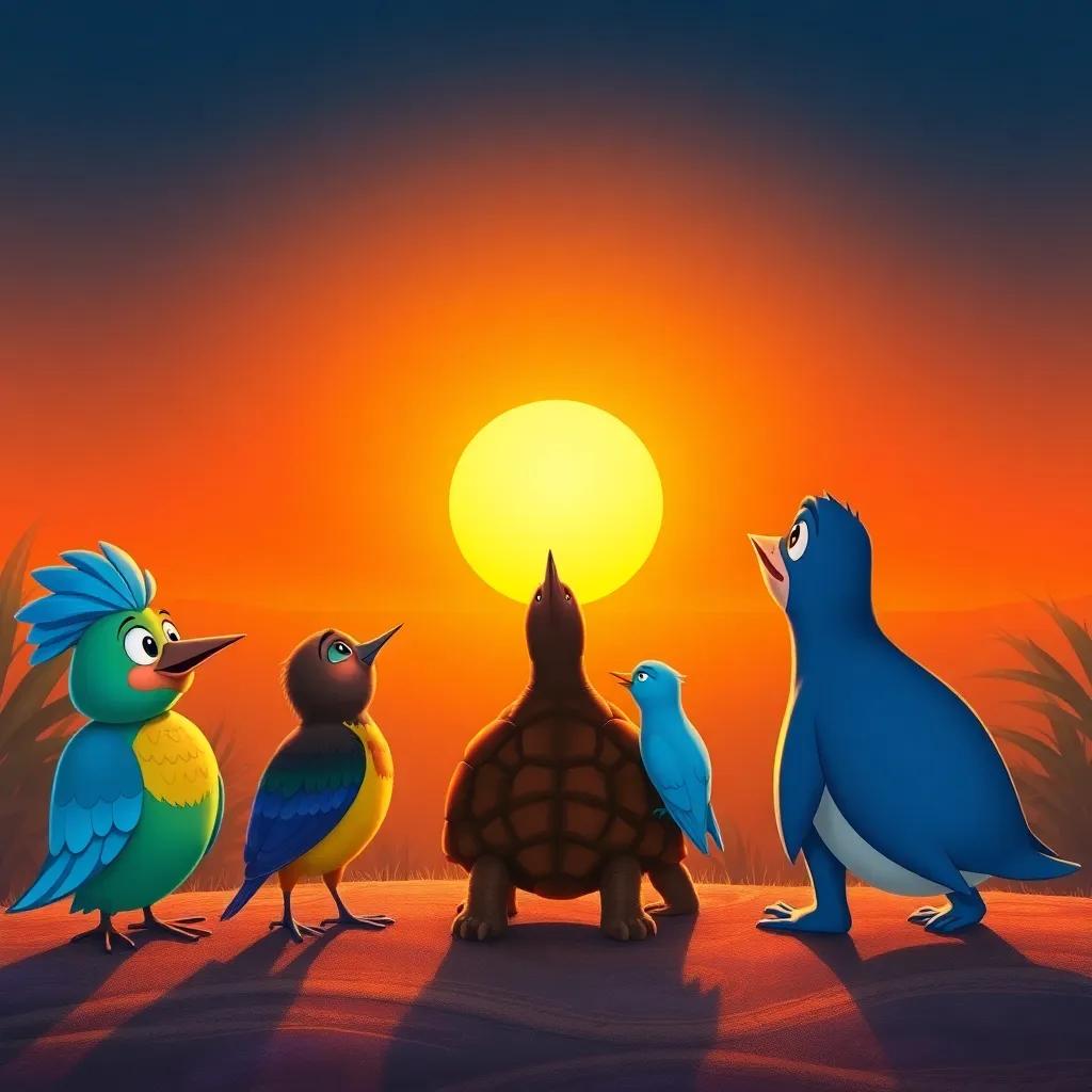 Pío the blue bird, Tula the tortoise, the singing birds, and Dorado looking at a magnificent sun setting on the horizon, surrounded by warmth and friendship, heartwarming scene, warm lighting, high-quality illustration