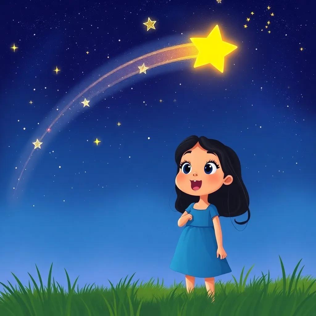 A beautiful night sky filled with twinkling stars and a bright shooting star, Alexandra, a young Hispanic girl, with long dark hair and a blue dress, standing in a grassy field, looking excited and determined, digital art, vibrant colors, whimsical atmosphere, child-friendly, high quality