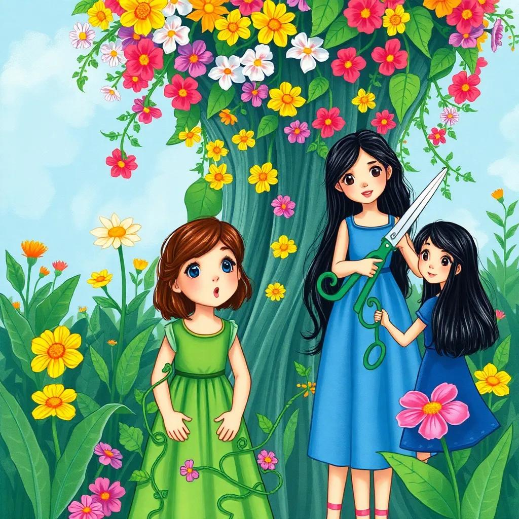 A magical garden with colorful flowers towering over Lorena, a young Hispanic girl, with short brown hair and a green dress, looking surprised while tangled in flower vines, Alexandra, a young Hispanic girl, with long dark hair in a blue dress, using magical scissors to cut the vines, fantasy style, bright colors, cheerful setting, storybook quality