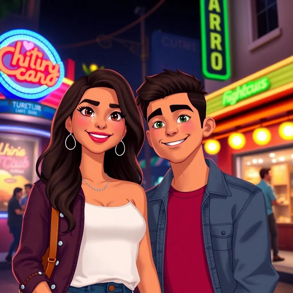 A couple, Clara, and Martín, young Hispanic adults, 20 years old, standing outside a nightclub, wearing stylish clothes, vibrant colors, lively nighttime setting, digital illustration, bright lights, joyful atmosphere, high quality