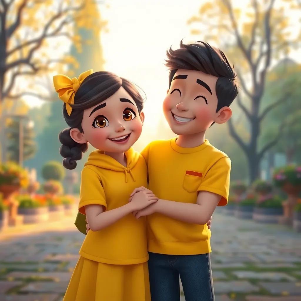 Clara and Martín reunited after months apart, both wearing yellow outfits, smiling brightly with a picturesque park in the background, sunlight streaming through the trees, digital art, warm colors, magical feeling, high quality