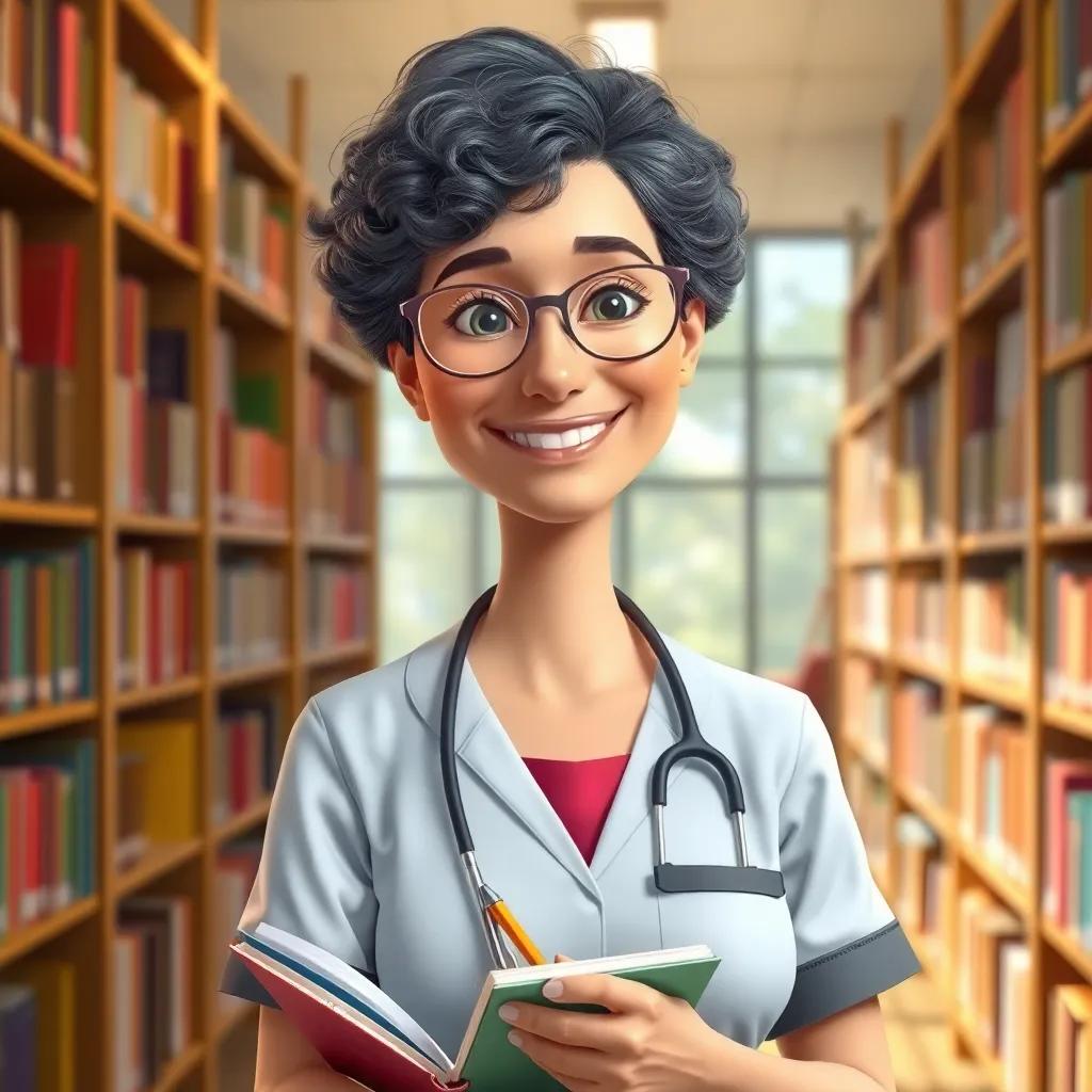 A nurse named Dorothea Orem, a middle-aged Caucasian woman with short, curly hair and glasses, standing in a library filled with books, smiling while holding a pencil and notebook, bright and inviting atmosphere, digital art, warm colors, educational setting, high quality