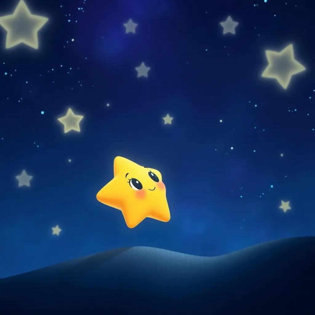 A small, timid star named Estrellita, looking up at bright stars in the night sky, with a soft, twinkling glow, surrounded by dark blues and purples, digital art, whimsical, enchanting atmosphere