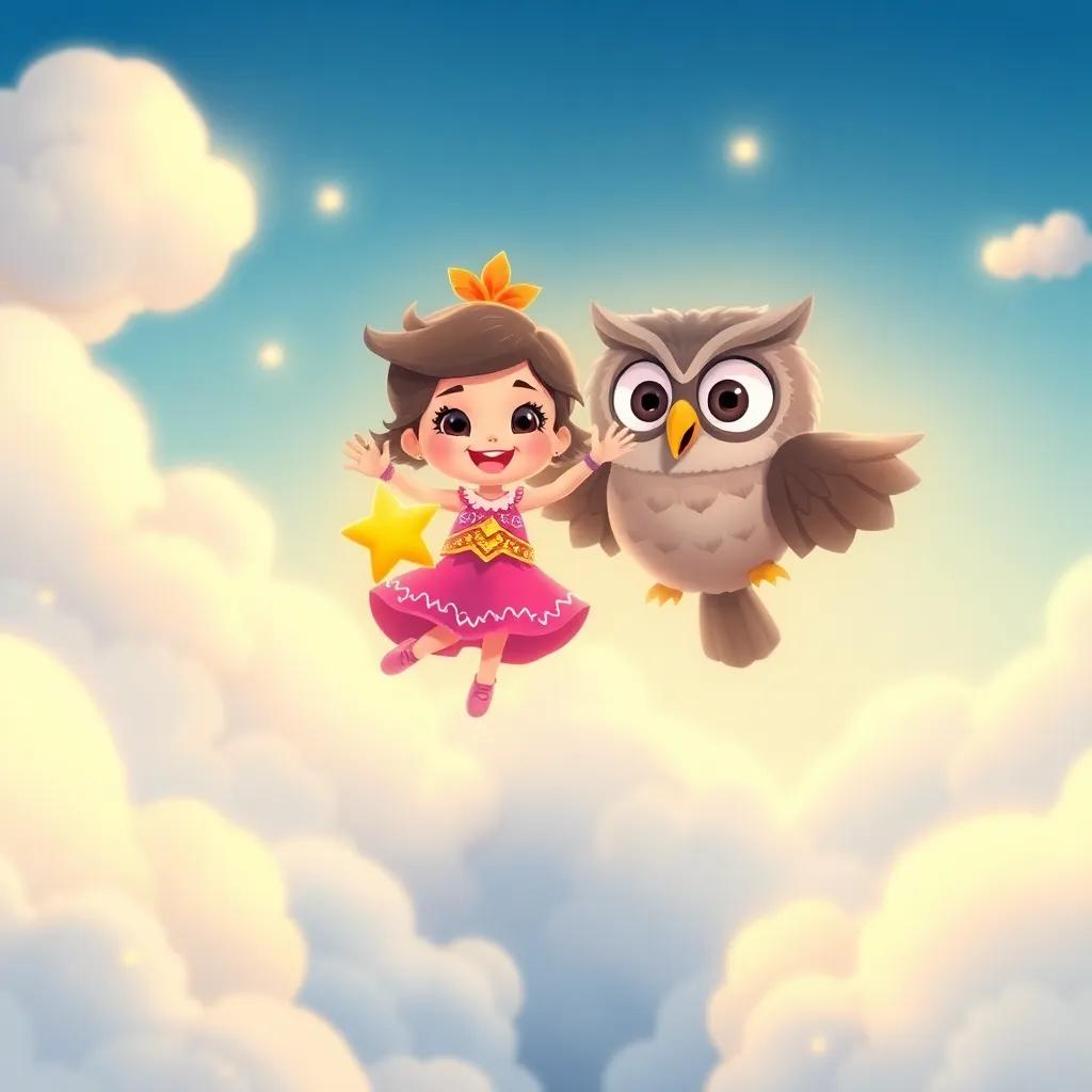 Estrellita, the small star, jumping from cloud to cloud with the old owl, both smiling, bright clouds around them glowing softly, cheerful, vibrant colors, adventure feel