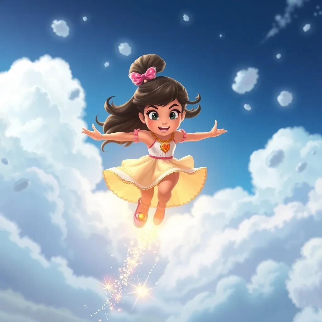 Estrellita feeling a spark inside her as she jumps with determination, clouds whirling around, a trail of sparkles following her, dynamic, uplifting imagery