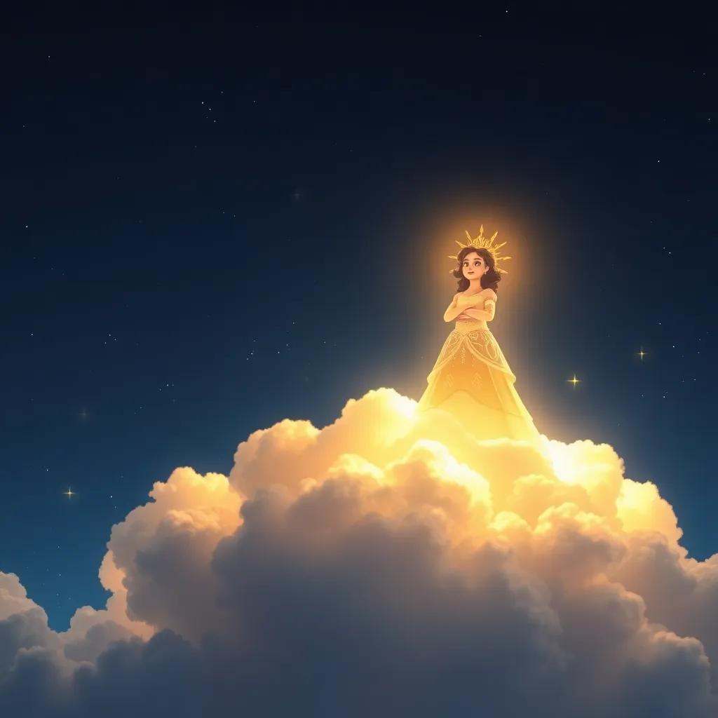 Estrellita shining brightly with a golden light atop a grand cloud, illuminating the dark sky, fellow stars twinkling in awe, magical, triumphant scene