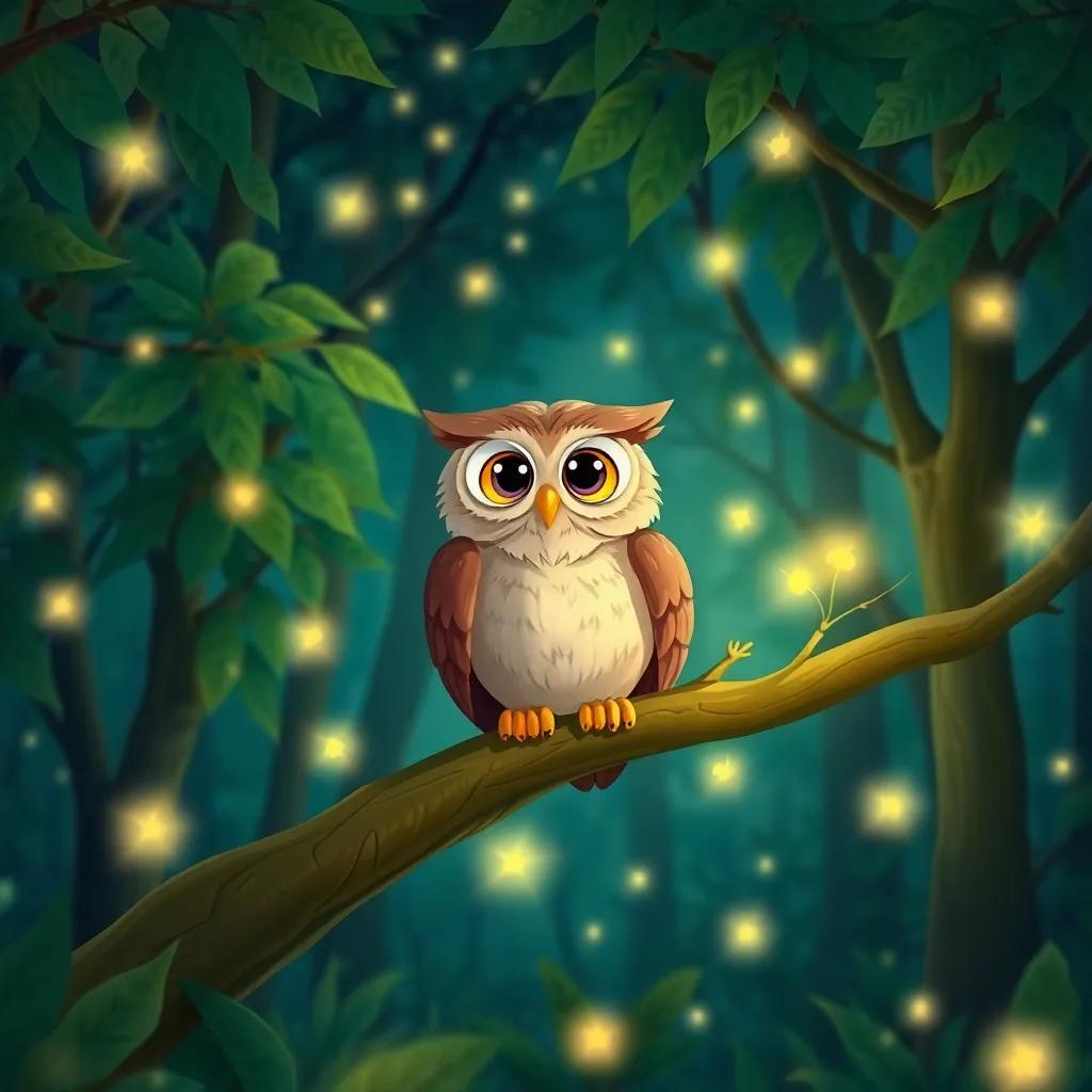 A wise old owl sitting on a branch in a lush green forest, surrounded by twinkling fireflies, glowing softly in the night, illustration, magical, child-friendly, vibrant colors
