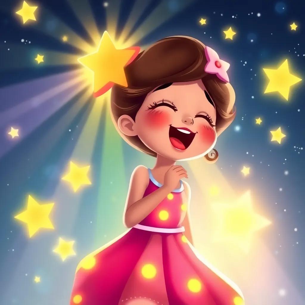 Estrellita singing joyfully in the night sky, bright colors radiating from her, surrounded by shining stars, illustration, uplifting, radiant atmosphere, high quality