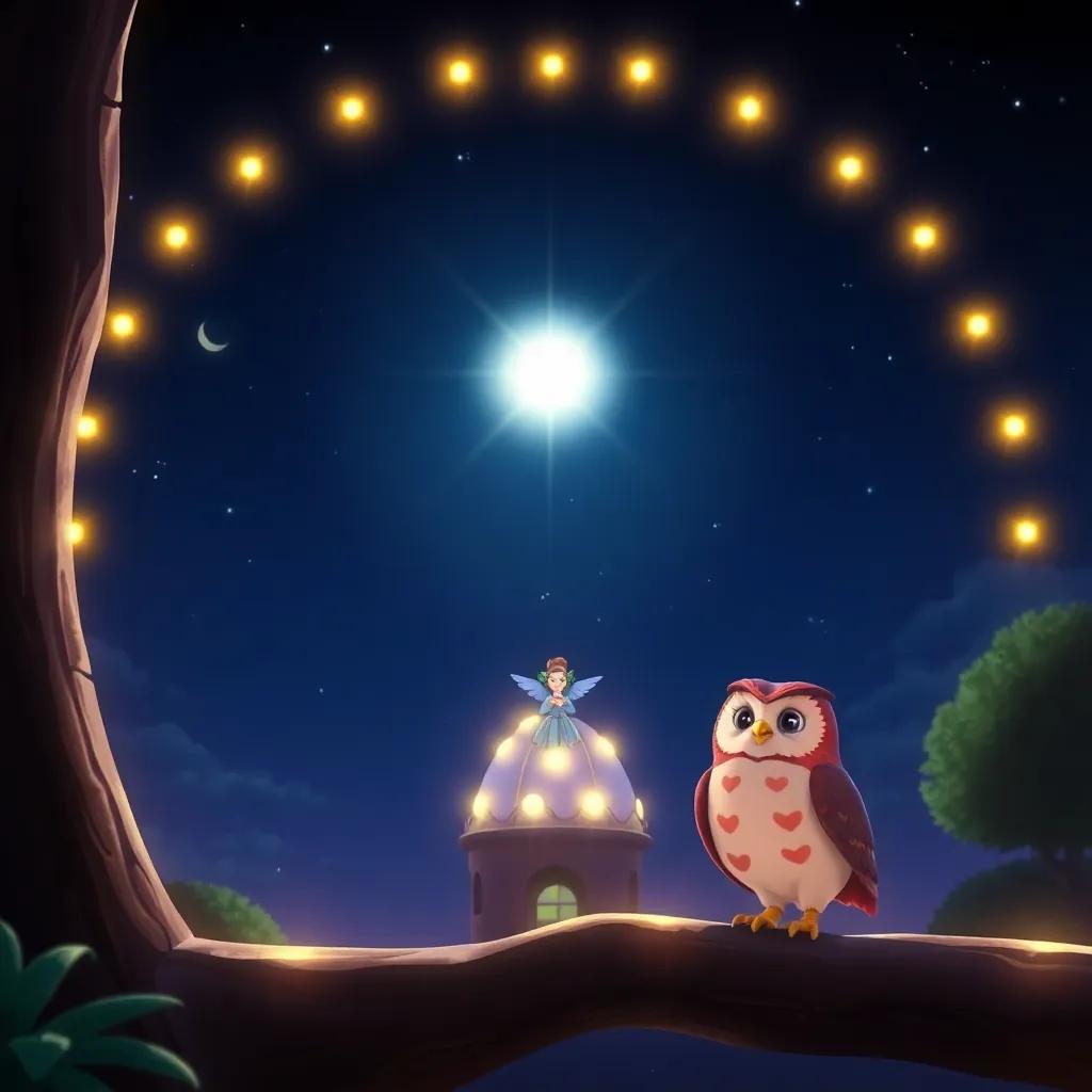 Estrellita shining brightly in the night sky, proudly illuminating the darkness, with the wise owl looking on happily, magical night scene, glowing colors, vibrant and heartwarming.