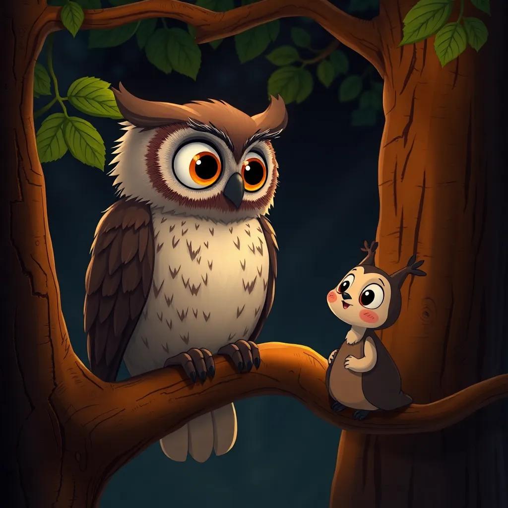 An old wise owl sitting on a tree branch, with large, wise eyes, looking down at Estrellita, who is looking up with curiosity, nighttime forest background, detailed illustration, warm colors, inviting vibe