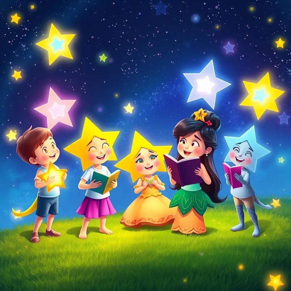 A group of shining stars sharing their stories with Estrellita, who is listening attentively, each star glowing with unique colors, bright and cheerful setting, fantasy art, vibrant colors, uplifting ambiance