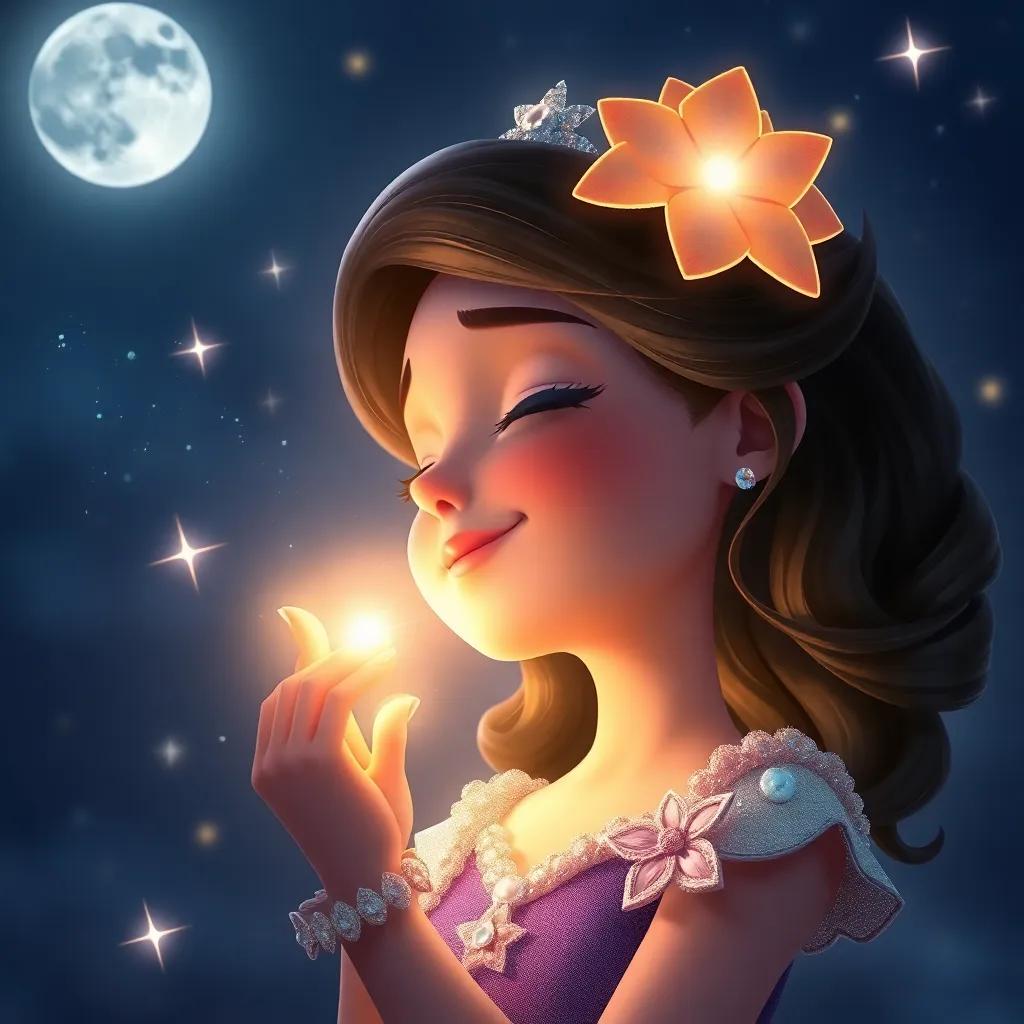 Estrellita with her eyes closed, focusing on her inner light, surrounded by sparkling stars in the sky, night time with a beautiful moon, enchanting digital art, soft lighting, inspiring atmosphere