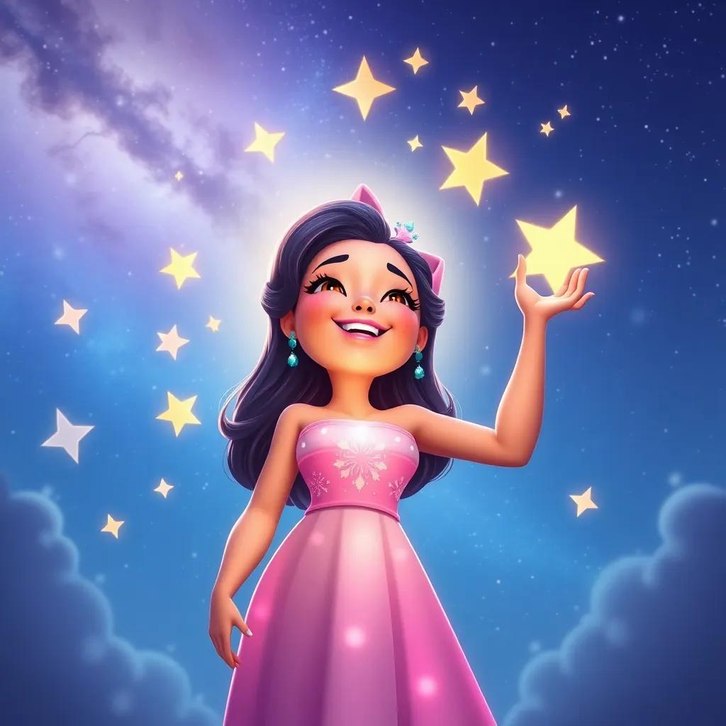 Estrellita glowing brightly in the sky, radiating her confidence and joy, with other stars around her celebrating her light, beautiful cosmic scene, colorful and vibrant, joyful and uplifting