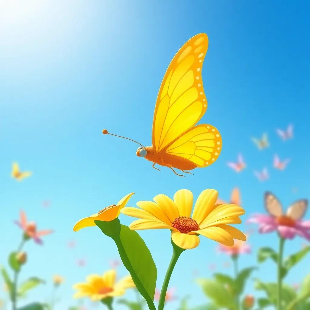 A determined golden butterfly, Luz, taking a leap from a flower, flapping her wings with a slight wobble, a clear blue sky above her, other butterflies dancing joyfully in the background, illustration, colorful, uplifting scene, high quality
