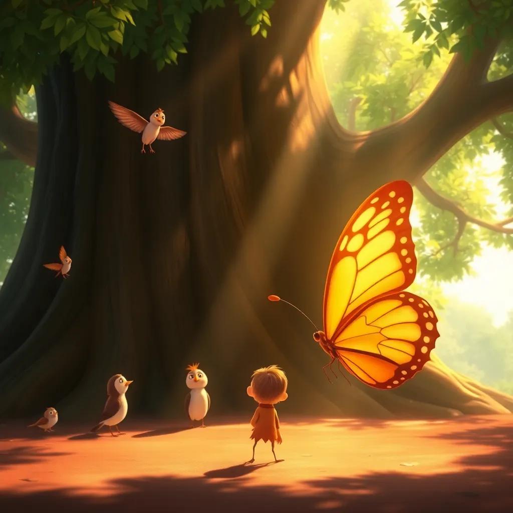 A golden butterfly, Luz, facing a large tree with curious birds looking at her, sunlight filtering through the leaves creating dappled shadows, encouraging and friendly atmosphere, digital painting, warm tones, child-friendly perspective, high quality