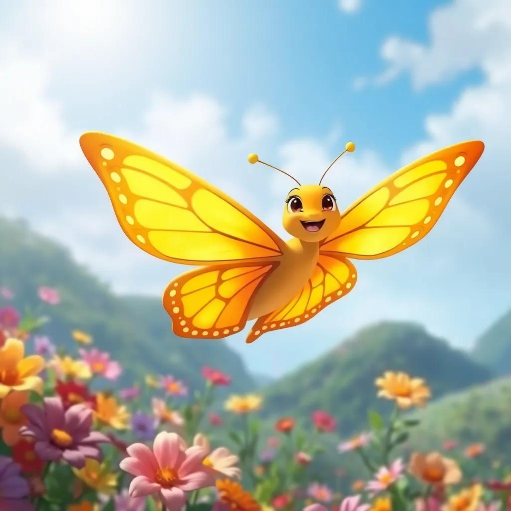 A confident golden butterfly, Luz, soaring above a landscape filled with vibrant flowers, sunlight shining on her wings, joy and freedom in her flight, illustration, lively colors, enchanting scene, high quality