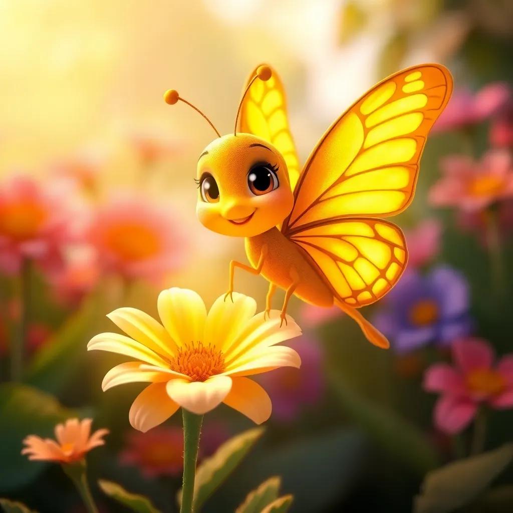 A proud golden butterfly, Luz, gently landing on a bright flower, eyes sparkling with happiness, a beautiful garden backdrop, feeling accomplished after her first flight, warm light, magical atmosphere, high quality