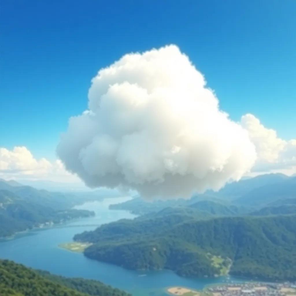 A dreamy cloud named Nube, fluffy and soft, floating in a bright blue sky, looking down at the green mountains and shining oceans, digital art, cheerful colors, whimsical atmosphere, high quality
