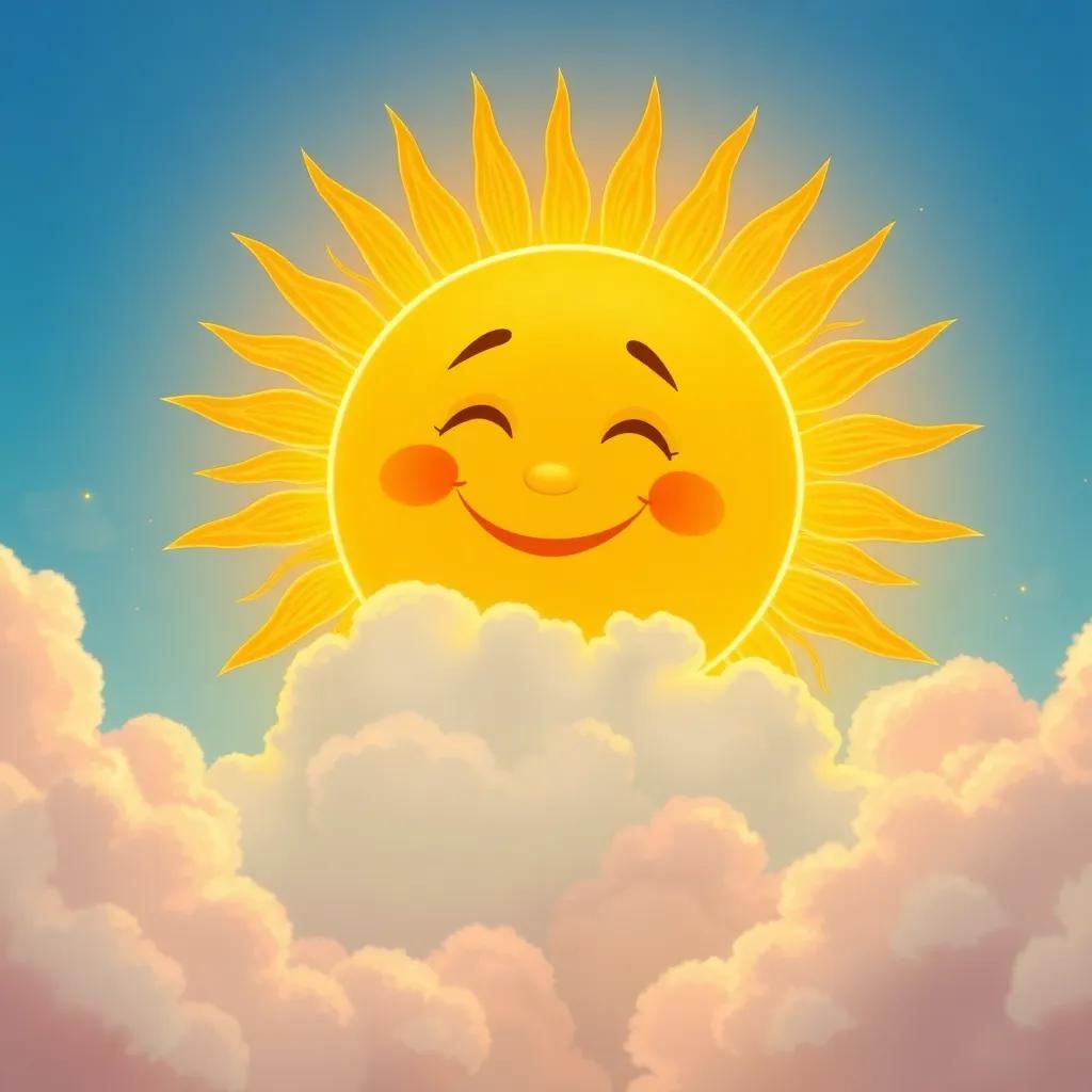 A radiant Sun smiling at Nube, the dreamy cloud, shining brightly with golden rays, surrounded by fluffy clouds and a clear blue sky, illustration, warm colors, friendly vibe, high quality