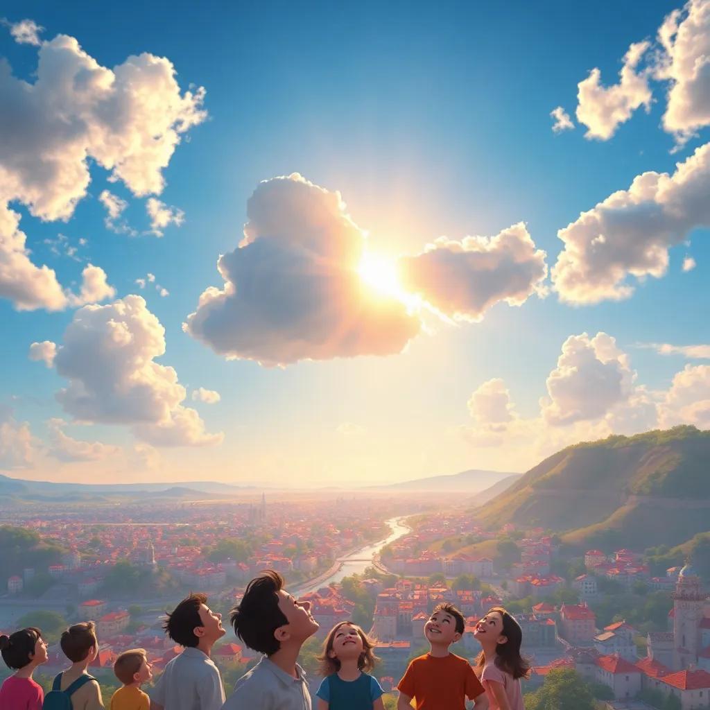 Nube the cloud and the radiant Sun flying together above vibrant cities and small towns, people looking up and smiling, digital painting, colorful, joyful energy, high quality